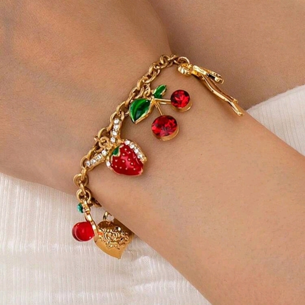 Cherry Strawberry Charm Bacelet Red Gold Heart Fruit Cherries Strawberries